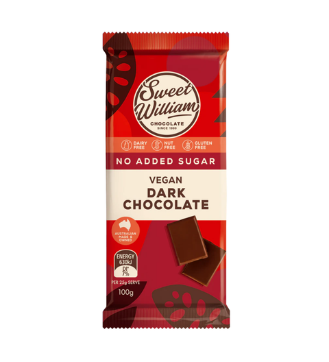 Sweet William Dark Chocolate No Added Sugar Dairy Free Nut Free Gluten Free 100g