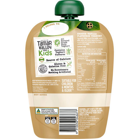 Tamar Valley Dairy Kids Greek Yoghurt Pouch Vanilla 110g