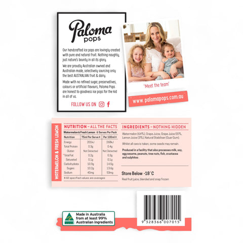 Paloma Pops Watermelon Lemonade Whole Fruit Ice Pops (6 Pieces) 450mL