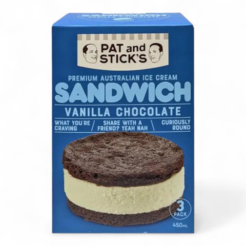 Pat And Sticks Premium Australian Ice Cream Sandwich Vanilla Chocolate 450mL (3 Pack)