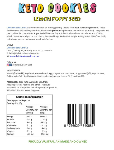 Delicious Low Carb Lemon Poppy Seed Keto Cookies (10 Cookies) 100g