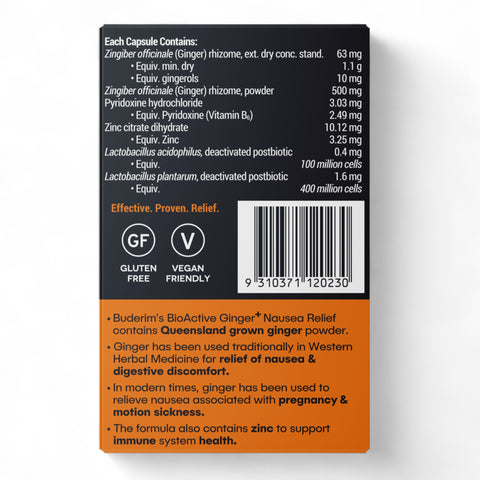 Buderim Bioactive Ginger+ Nausea Relief Capsules 7 Pack