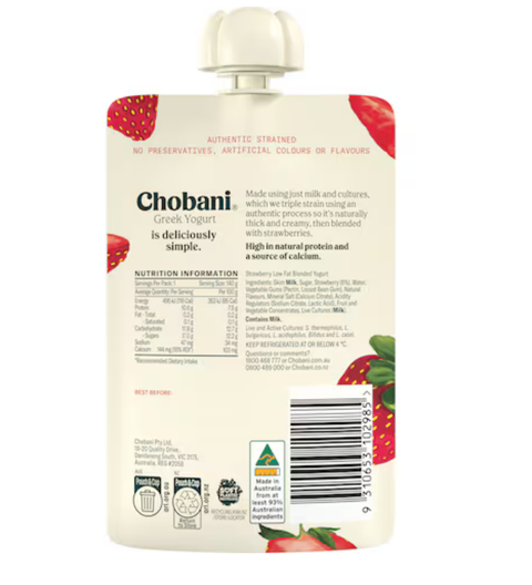 Chobani Strawberry Greek Yogurt Pouch 140g