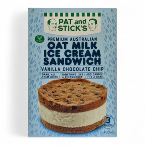 Pat and Stick's Oat Milk Ice Cream Sandwich Vanilla Chocolate Chip (3 per pack) 450mL