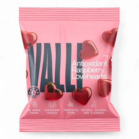 Valli Antioxidant Raspberry Hearts 50g