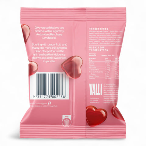 Valli Antioxidant Raspberry Hearts 50g