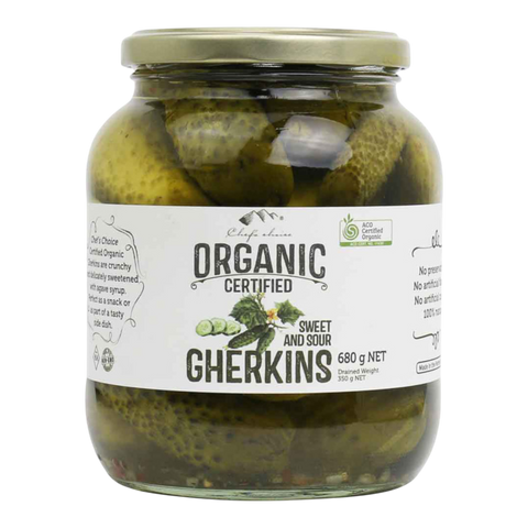 Chef's Choice Organic Certified Gherkins Sweet And Sour 680g